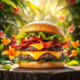 A vibrant image of a delicious burger featuring a thick, juicy beef patty topped with fresh lettuce, slices of ripe tomato, crispy bacon, and gooey melted cheese, all inside a perfectly toasted sesame seed bun