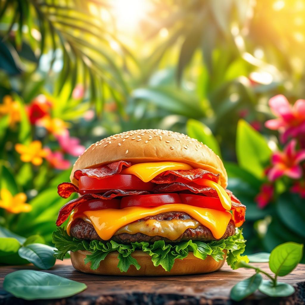 A vibrant image of a delicious burger featuring a thick, juicy beef patty topped with fresh lettuce, slices of ripe tomato, crispy bacon, and gooey melted cheese, all inside a perfectly toasted sesame seed bun