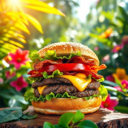 A vibrant image of a delicious burger featuring a thick, juicy beef patty topped with fresh lettuce, slices of ripe tomato, crispy bacon, and gooey melted cheese, all inside a perfectly toasted sesame seed bun