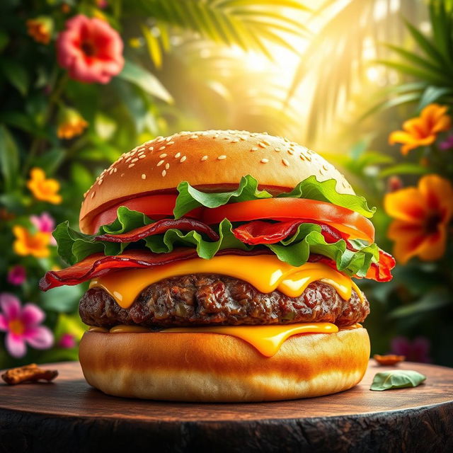 A vibrant image of a delicious burger featuring a thick, juicy beef patty topped with fresh lettuce, slices of ripe tomato, crispy bacon, and gooey melted cheese, all inside a perfectly toasted sesame seed bun