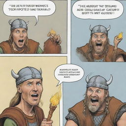 A comical comic strip featuring a Viking of any gender and ethnicity proudly explaining their unique urine-powered firestarter technique to a surprised onlooker of a different gender and ethnicity. The onlooker's face clearly displays a mix of disbelief and amusement.