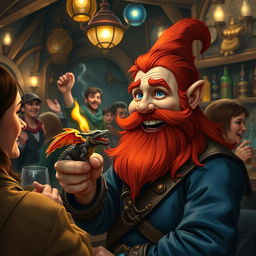 In a lively pub within a fantastical Dungeons & Dragons setting, a ruddy tan, red-haired male rock gnome artificer with bright sapphire-blue eyes, a vibrant red beard, and mustache is beaming with delight