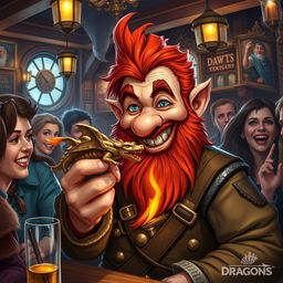 In a lively pub within a fantastical Dungeons & Dragons setting, a ruddy tan, red-haired male rock gnome artificer with bright sapphire-blue eyes, a vibrant red beard, and mustache is beaming with delight