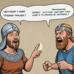 A comical comic strip featuring a Viking of any gender and ethnicity proudly explaining their unique urine-powered firestarter technique to a surprised onlooker of a different gender and ethnicity. The onlooker's face clearly displays a mix of disbelief and amusement.