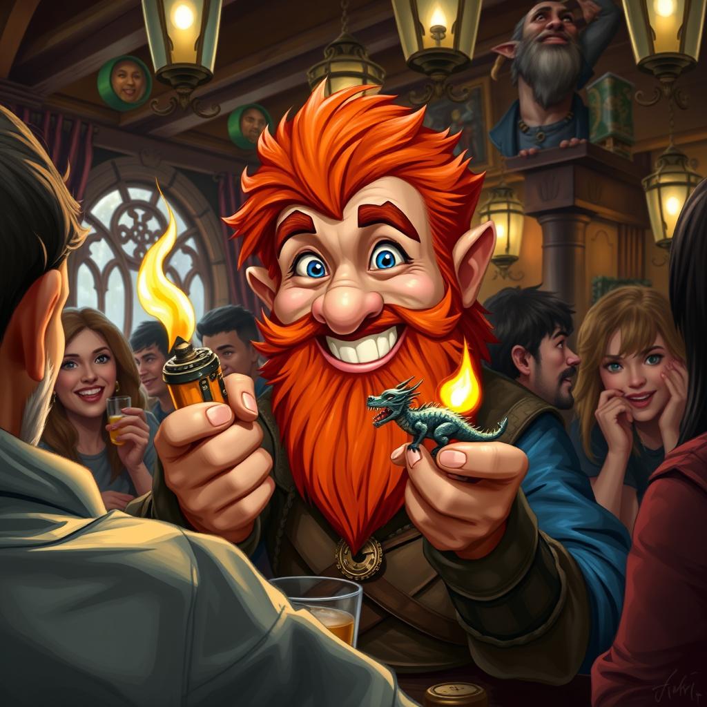 In a lively pub within a fantastical Dungeons & Dragons setting, a ruddy tan, red-haired male rock gnome artificer with bright sapphire-blue eyes, a vibrant red beard, and mustache is beaming with delight