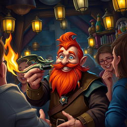 In a lively pub within a fantastical Dungeons & Dragons setting, a ruddy tan, red-haired male rock gnome artificer with bright sapphire-blue eyes, a vibrant red beard, and mustache is beaming with delight