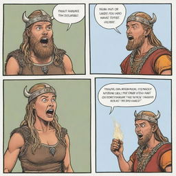 A comical comic strip featuring a Viking of any gender and ethnicity proudly explaining their unique urine-powered firestarter technique to a surprised onlooker of a different gender and ethnicity. The onlooker's face clearly displays a mix of disbelief and amusement.