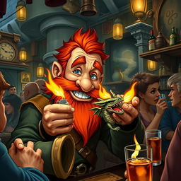 In a bustling pub located in a fantastical Dungeons & Dragons setting, a ruddy tan, red-haired male rock gnome artificer with sparkling sapphire-blue eyes, a vibrant red beard, and mustache is beaming with excitement