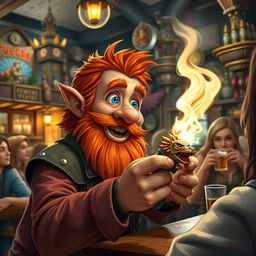 In a bustling pub located in a fantastical Dungeons & Dragons setting, a ruddy tan, red-haired male rock gnome artificer with sparkling sapphire-blue eyes, a vibrant red beard, and mustache is beaming with excitement