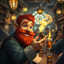 In a bustling pub located in a fantastical Dungeons & Dragons setting, a ruddy tan, red-haired male rock gnome artificer with sparkling sapphire-blue eyes, a vibrant red beard, and mustache is beaming with excitement