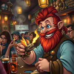 In a bustling pub located in a fantastical Dungeons & Dragons setting, a ruddy tan, red-haired male rock gnome artificer with sparkling sapphire-blue eyes, a vibrant red beard, and mustache is beaming with excitement