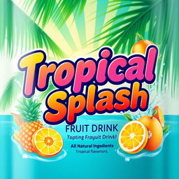 A vibrant product label design for 'Tropical Splash Fruit Drink', capturing the essence of a refreshing and fruity beverage