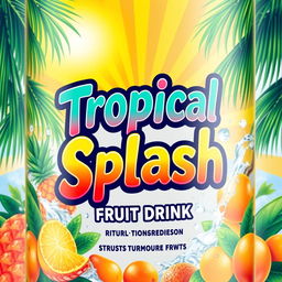 A vibrant product label design for 'Tropical Splash Fruit Drink', capturing the essence of a refreshing and fruity beverage