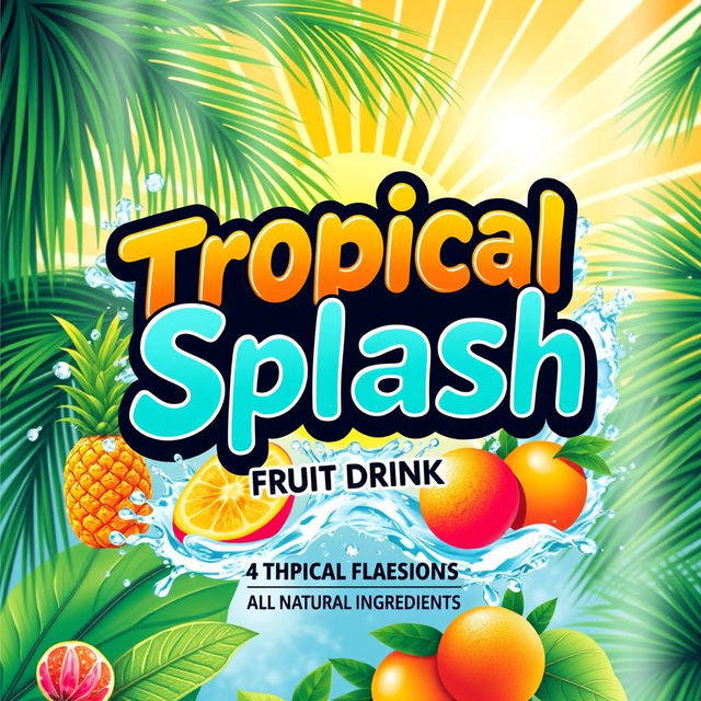 A vibrant product label design for 'Tropical Splash Fruit Drink', capturing the essence of a refreshing and fruity beverage