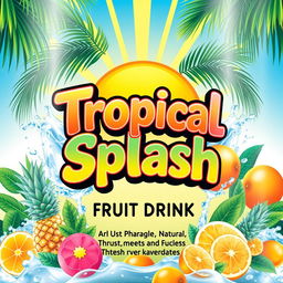 A vibrant product label design for 'Tropical Splash Fruit Drink', capturing the essence of a refreshing and fruity beverage