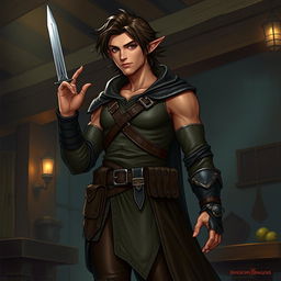 A full-body illustration of a male half-elf rogue character from Dungeons and Dragons, featuring a brown skin tone