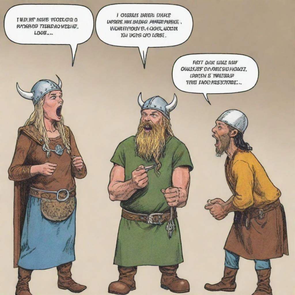 A comical comic strip featuring a Viking of any gender and ethnicity proudly explaining their unique urine-powered firestarter technique to a surprised onlooker of a different gender and ethnicity. The onlooker's face clearly displays a mix of disbelief and amusement.