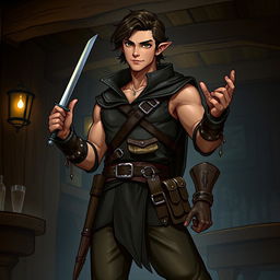 A full-body illustration of a male half-elf rogue character from Dungeons and Dragons, featuring a brown skin tone