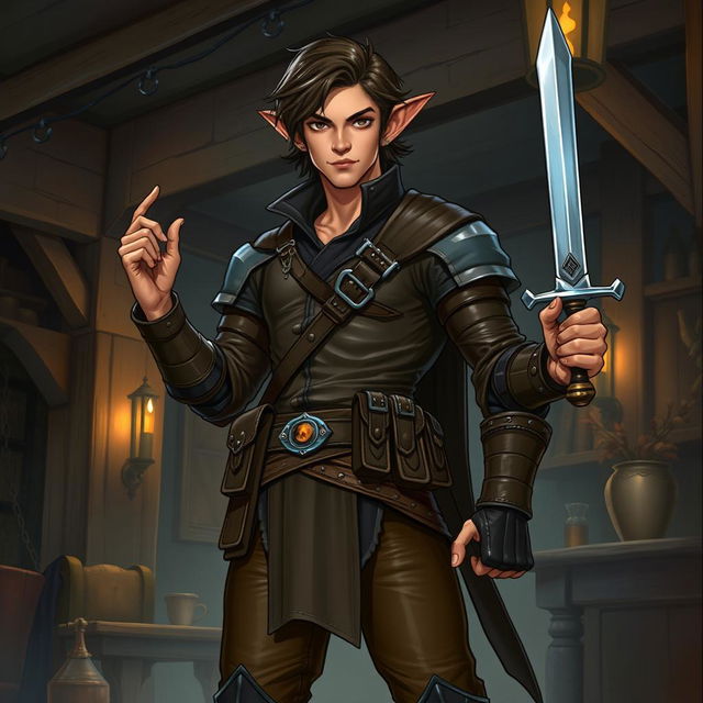 A full-body illustration of a male half-elf rogue character from Dungeons and Dragons, featuring a brown skin tone