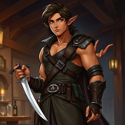 A full-body illustration of a male half-elf rogue character from Dungeons and Dragons, featuring a brown skin tone