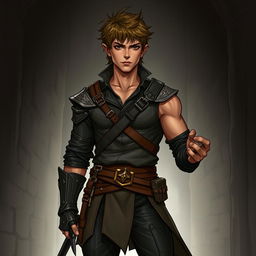 A full-body illustration of a male half-elf rogue character from Dungeons and Dragons, featuring a brown skin tone and short hair