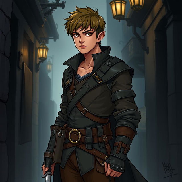 A full-body illustration of a male half-elf rogue character from Dungeons and Dragons, featuring a brown skin tone and short hair