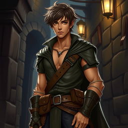 A full-body illustration of a male half-elf rogue character from Dungeons and Dragons, featuring a brown skin tone and short hair