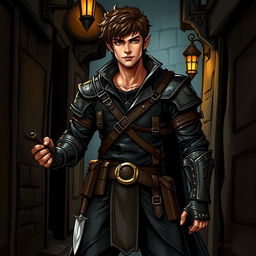 A full-body illustration of a male half-elf rogue character from Dungeons and Dragons, featuring a brown skin tone and short hair