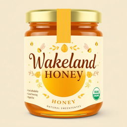 A charming and elegant product label design for 'Wakeland Honey', exuding natural sweetness and artisanal quality