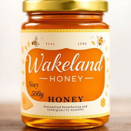 A charming and elegant product label design for 'Wakeland Honey', exuding natural sweetness and artisanal quality