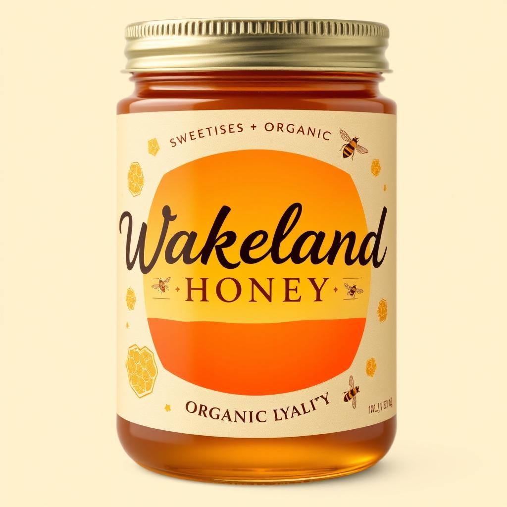 A charming and elegant product label design for 'Wakeland Honey', exuding natural sweetness and artisanal quality