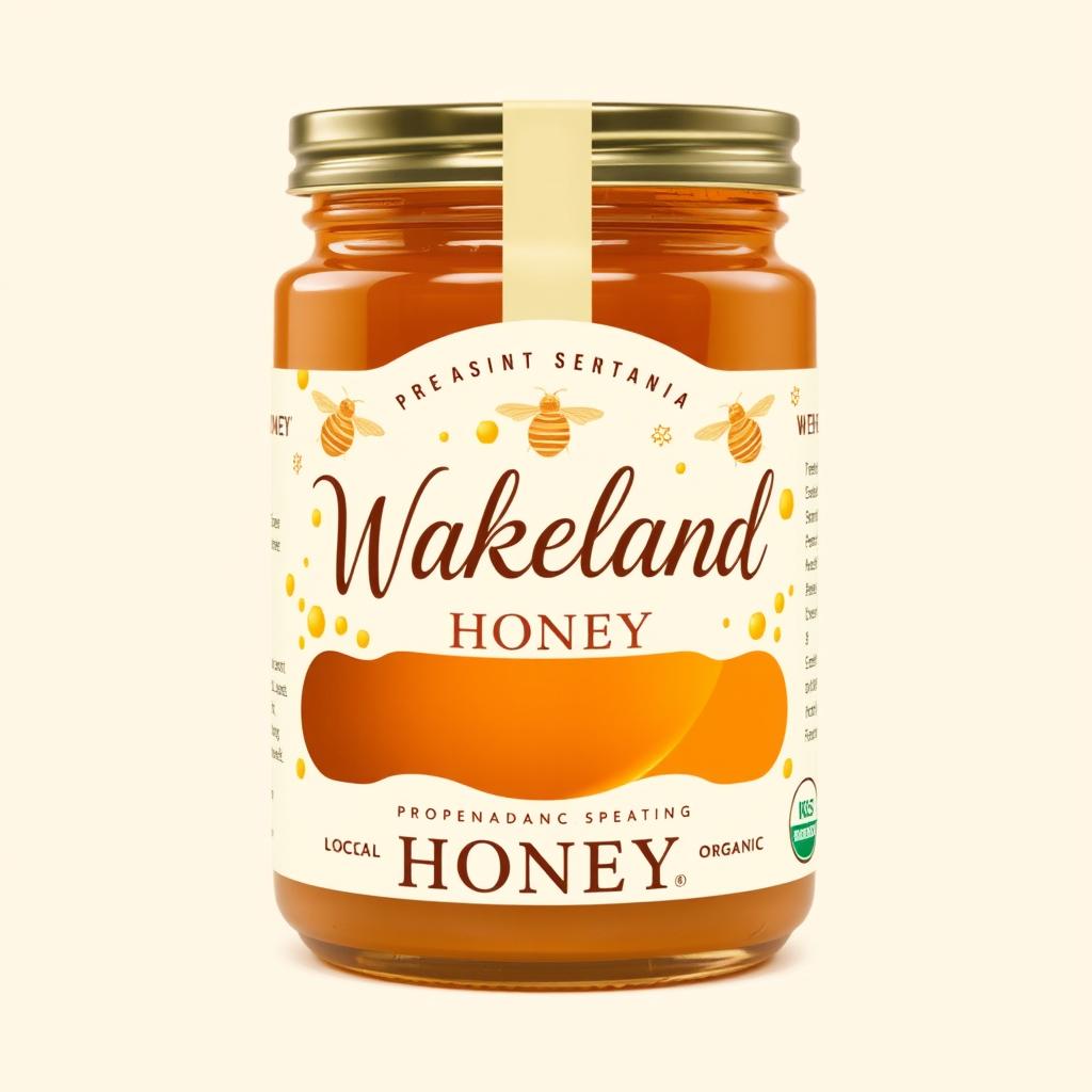 A charming and elegant product label design for 'Wakeland Honey', exuding natural sweetness and artisanal quality