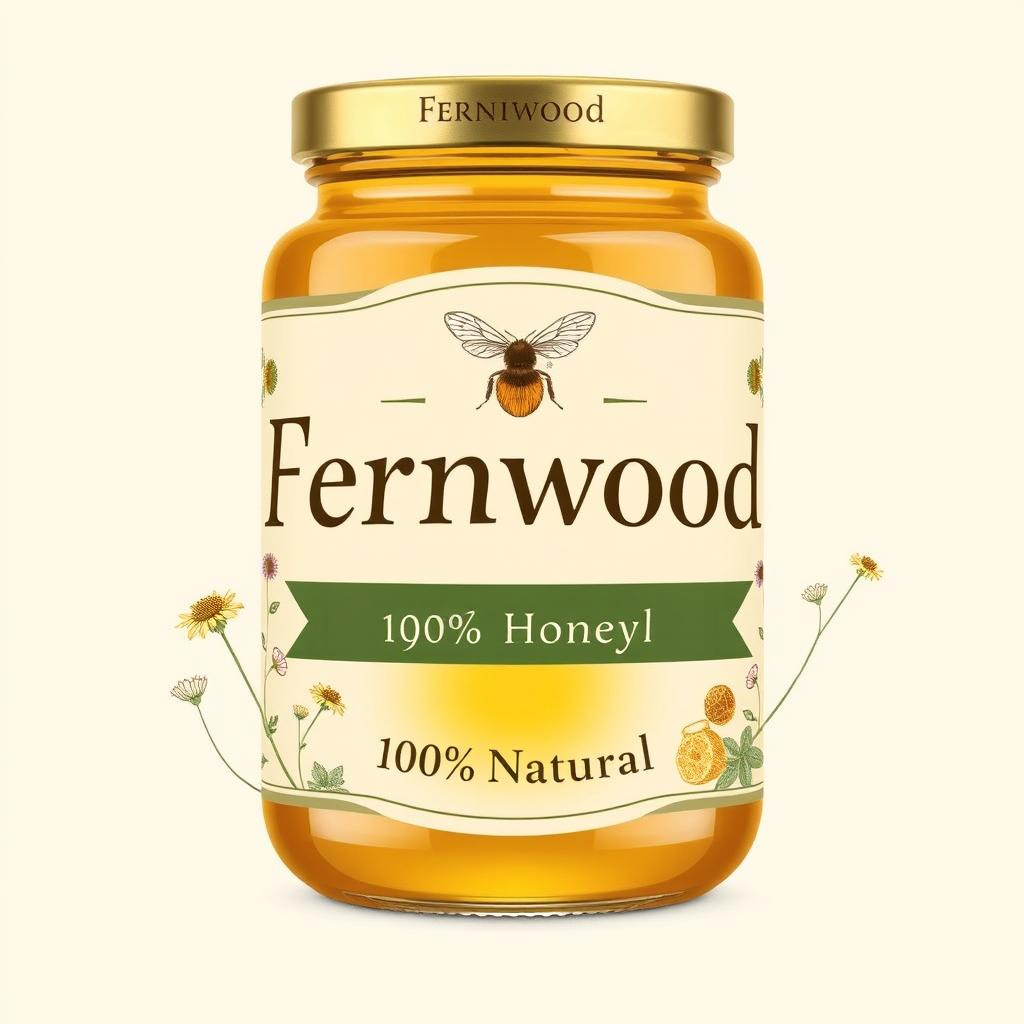 An elegant and rustic product label design for 'Fernwood Honey 100% Natural', highlighting the purity and artisanal quality of the honey