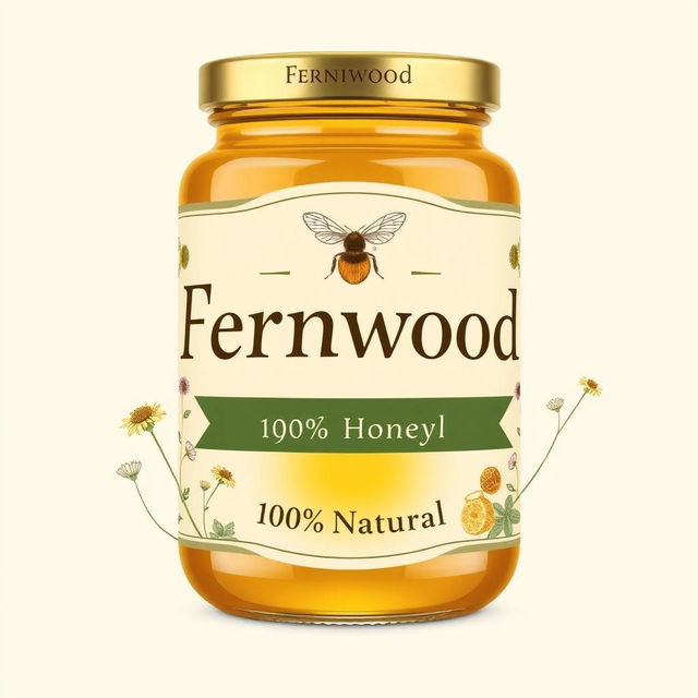 An elegant and rustic product label design for 'Fernwood Honey 100% Natural', highlighting the purity and artisanal quality of the honey