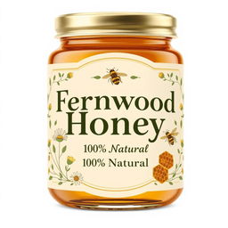 An elegant and rustic product label design for 'Fernwood Honey 100% Natural', highlighting the purity and artisanal quality of the honey