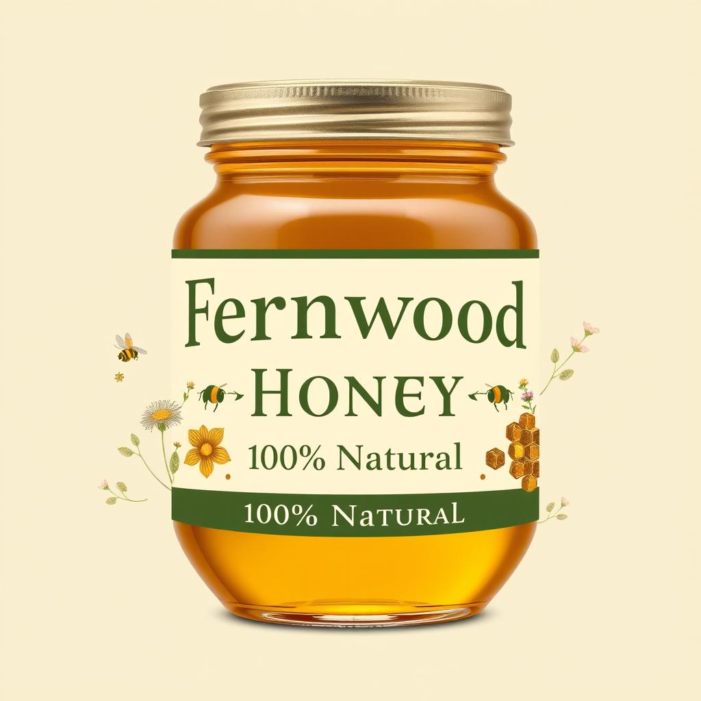 An elegant and rustic product label design for 'Fernwood Honey 100% Natural', highlighting the purity and artisanal quality of the honey