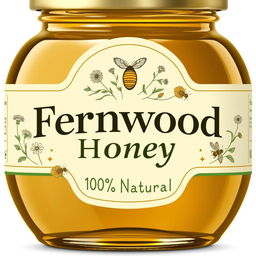 An elegant and rustic product label design for 'Fernwood Honey 100% Natural', highlighting the purity and artisanal quality of the honey