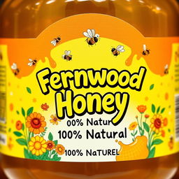 A colorful and eye-catching product label design for 'Fernwood Honey 100% Natural', combining vibrancy with an organic feel