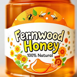 A colorful and eye-catching product label design for 'Fernwood Honey 100% Natural', combining vibrancy with an organic feel