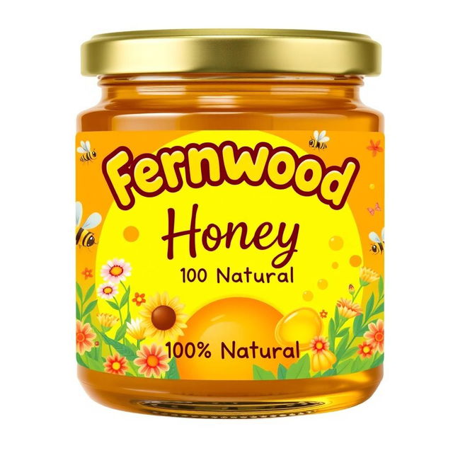 A colorful and eye-catching product label design for 'Fernwood Honey 100% Natural', combining vibrancy with an organic feel