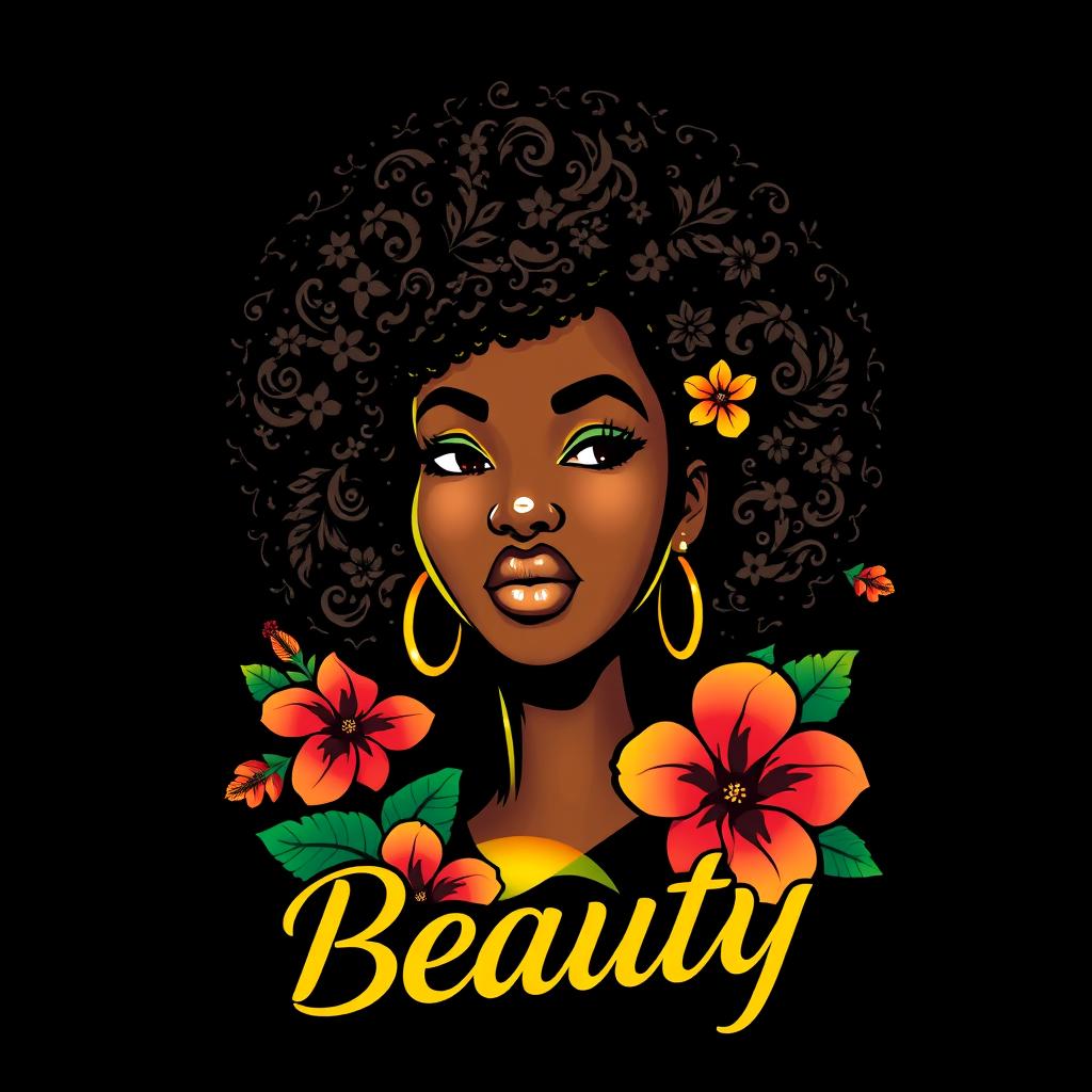 A stylish and bold black T-shirt design featuring the phrase 'Natural Beauty' in an eye-catching, artistic typography