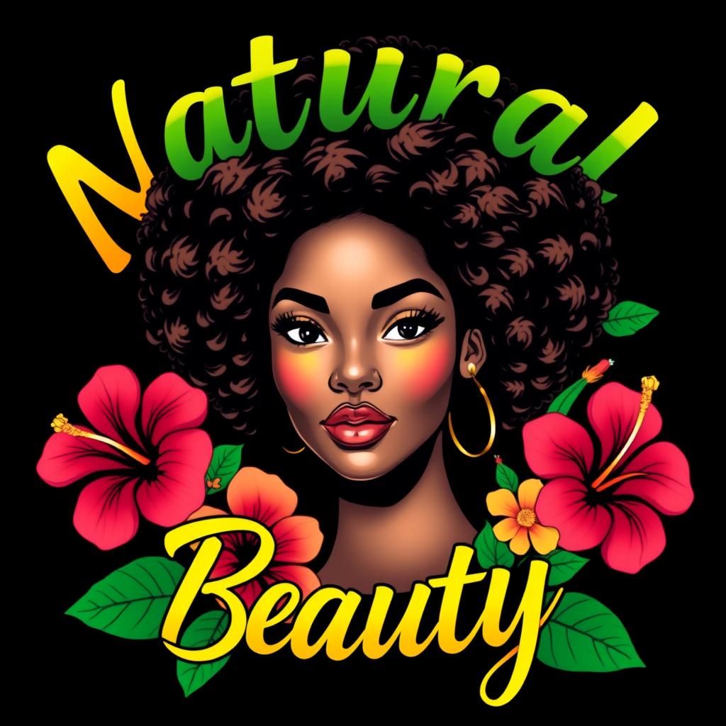 A stylish and bold black T-shirt design featuring the phrase 'Natural Beauty' in an eye-catching, artistic typography