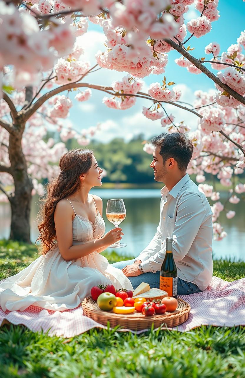 A tender romantic scene between a couple in a beautiful natural setting