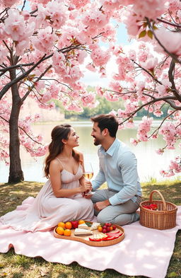 A tender romantic scene between a couple in a beautiful natural setting