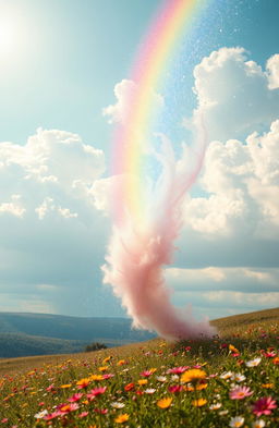 A surreal, magical scene depicting a collapsing rainbow, with vibrant colors blending together in a cascading flow