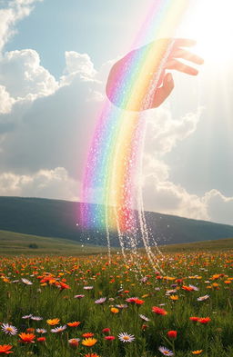 A surreal, magical scene depicting a collapsing rainbow, with vibrant colors blending together in a cascading flow
