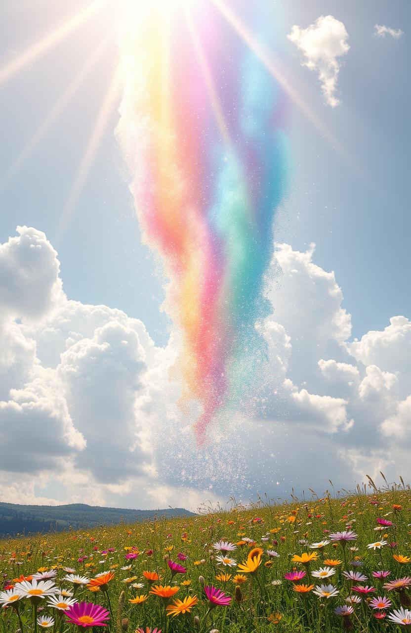 A surreal, magical scene depicting a collapsing rainbow, with vibrant colors blending together in a cascading flow