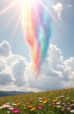 A surreal, magical scene depicting a collapsing rainbow, with vibrant colors blending together in a cascading flow