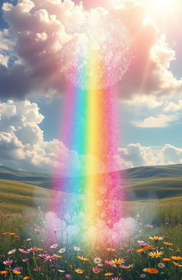 A surreal, magical scene depicting a collapsing rainbow, with vibrant colors blending together in a cascading flow