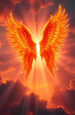 A stunning depiction of angelic wings, radiating a vivid, fiery glow